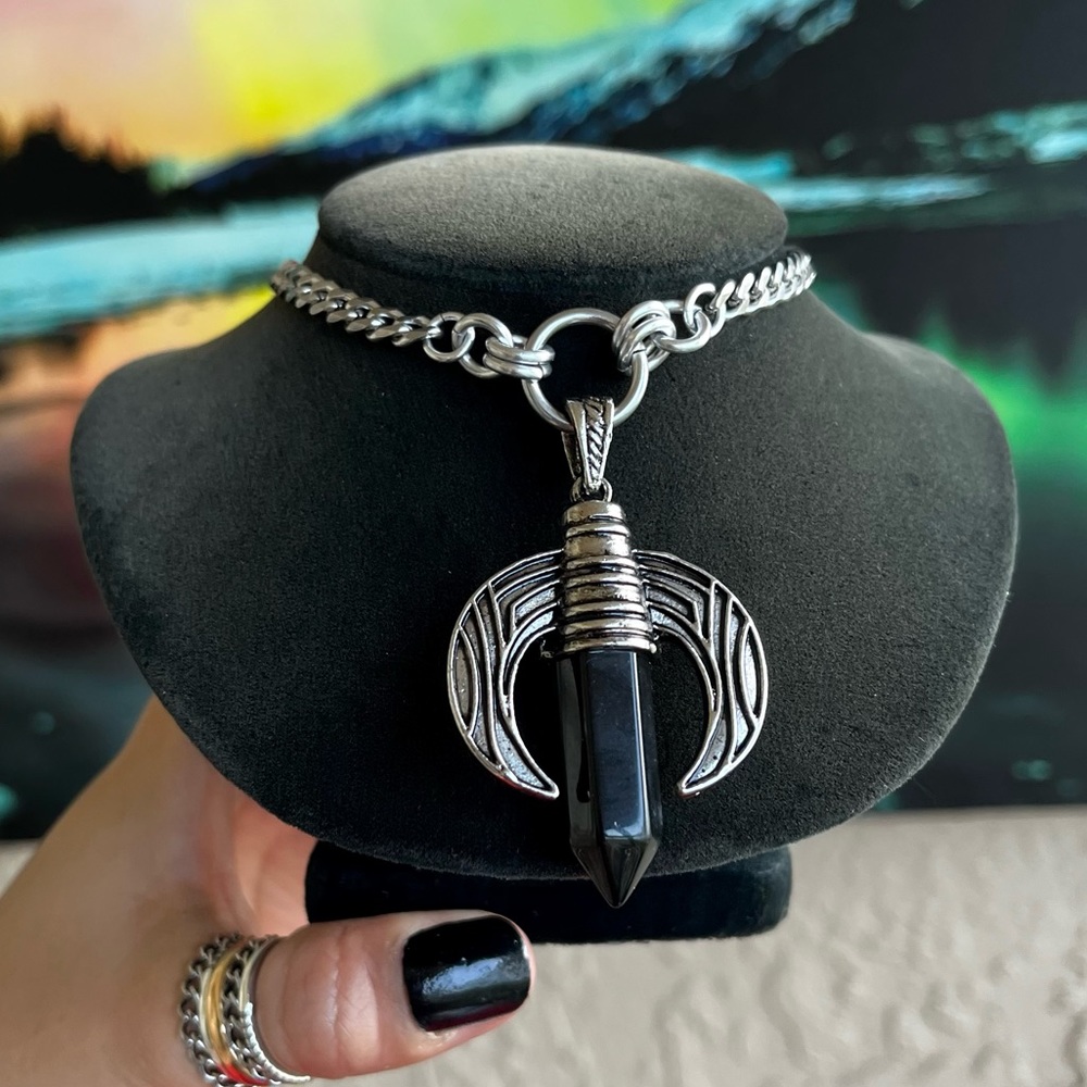 Stainless steel lunula up side down moon black onyx stone choker necklace goth